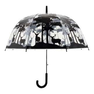 Doorzichtige paraplu van Esschert Design met zwarte print van bomen en dieren in het bos. Afmetingen: b 83 x d 83 x h 81,5 cm.